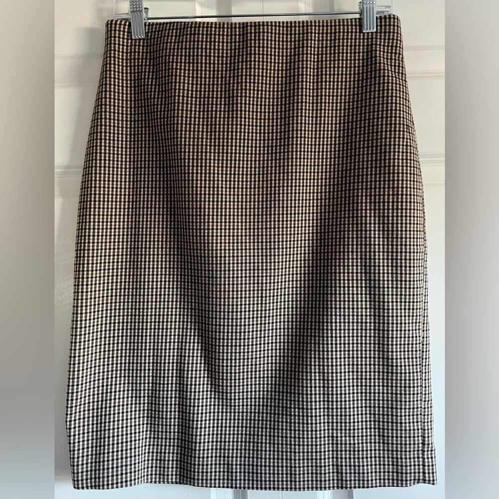 PREMISE Studio Pencil Skirt, black/brown/tan plaid, size 6.